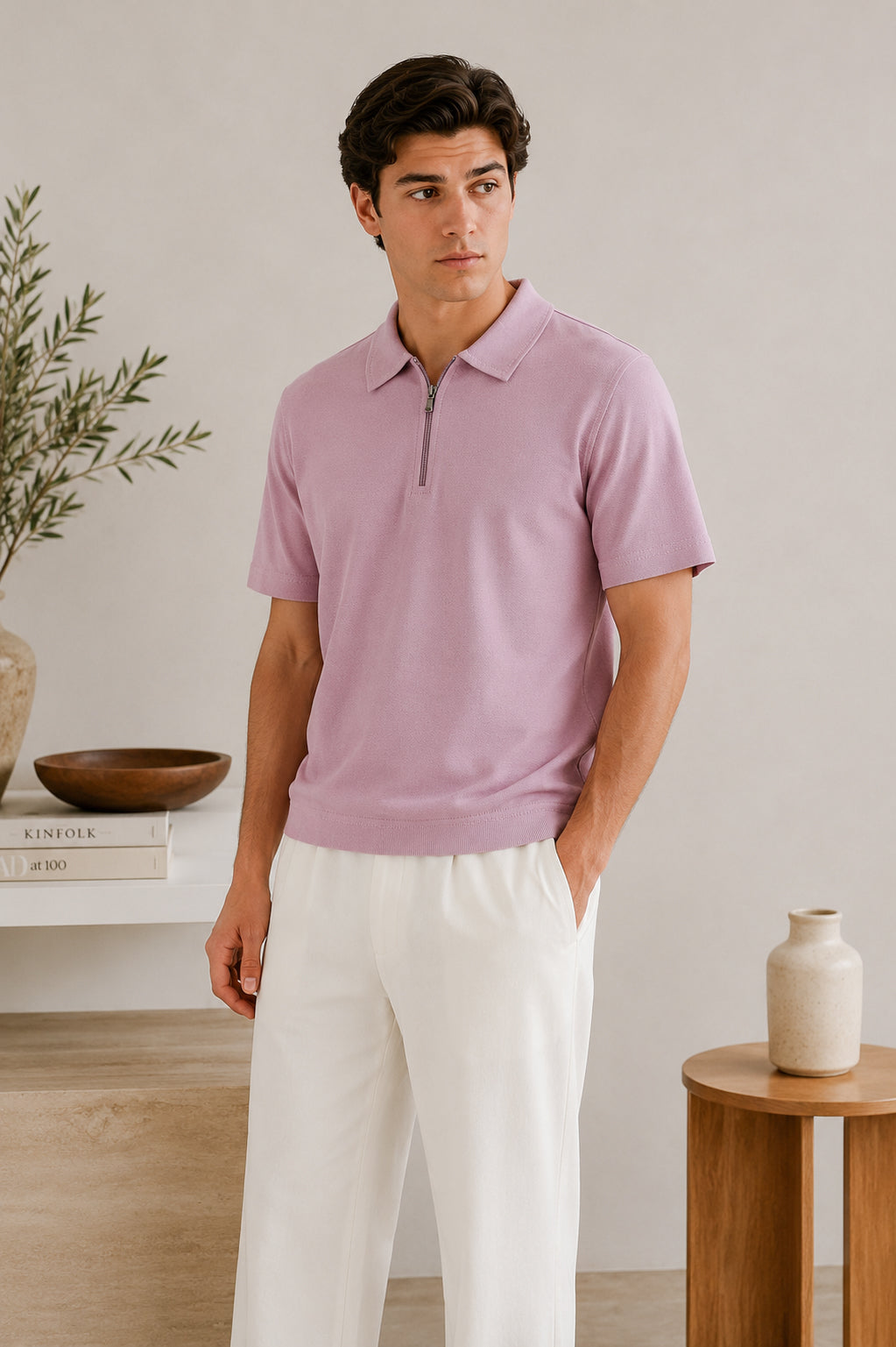 Light Pink Basic Zipper Polo - Smart Fit- Men