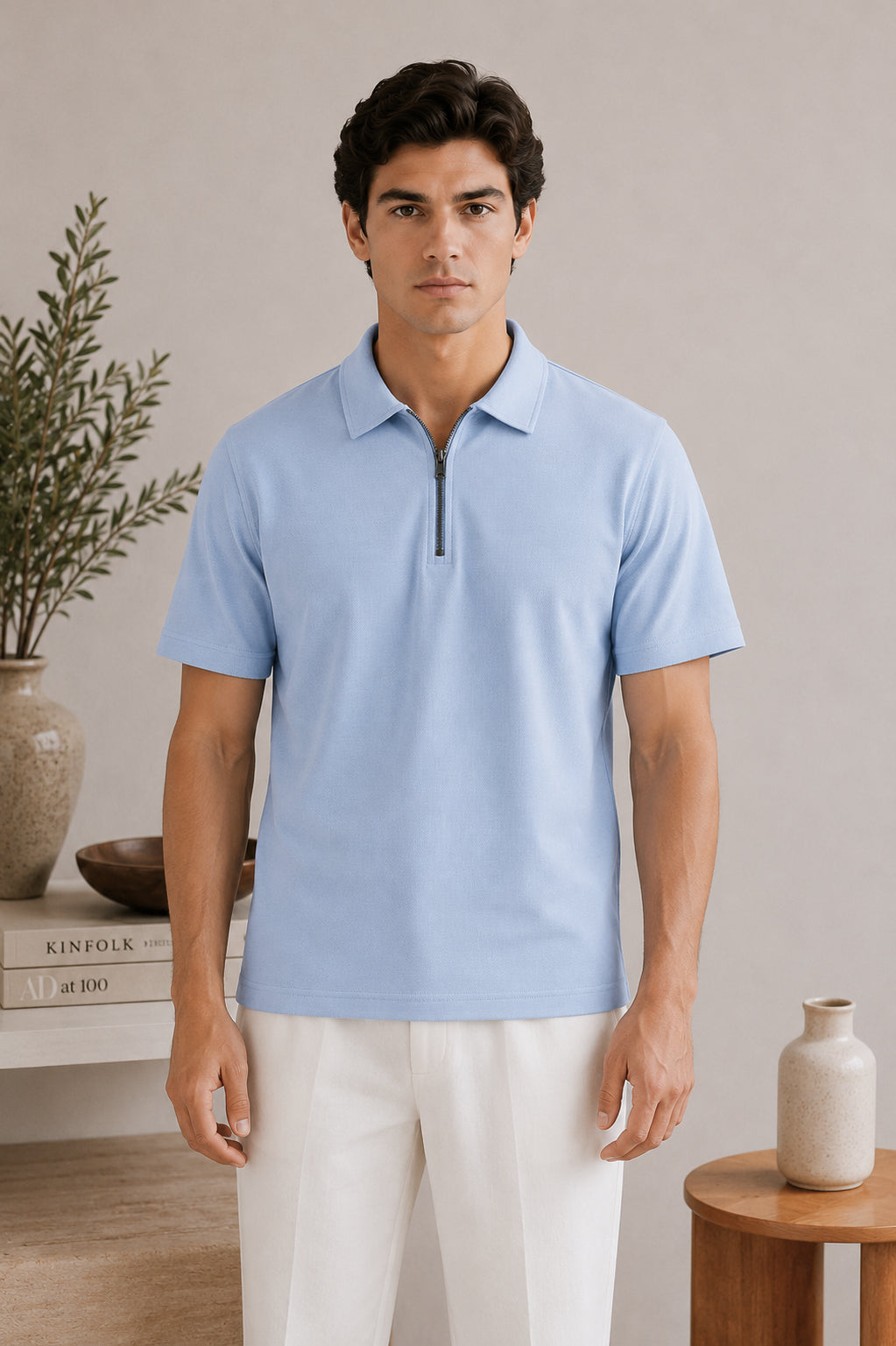 Sky Blue Basic Zipper Polo - Smart Fit- Men