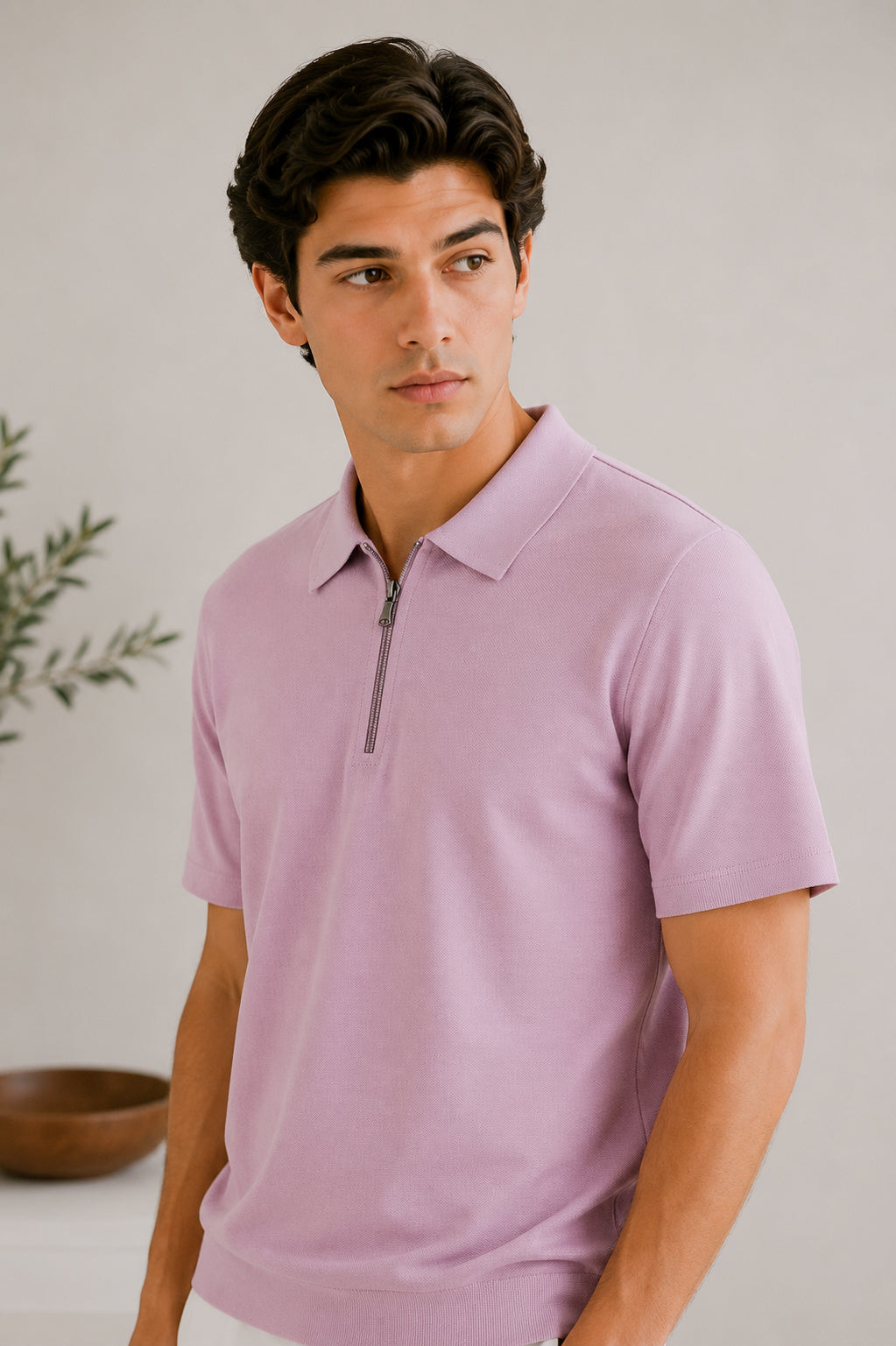 Light Pink Basic Zipper Polo - Smart Fit- Men - Men