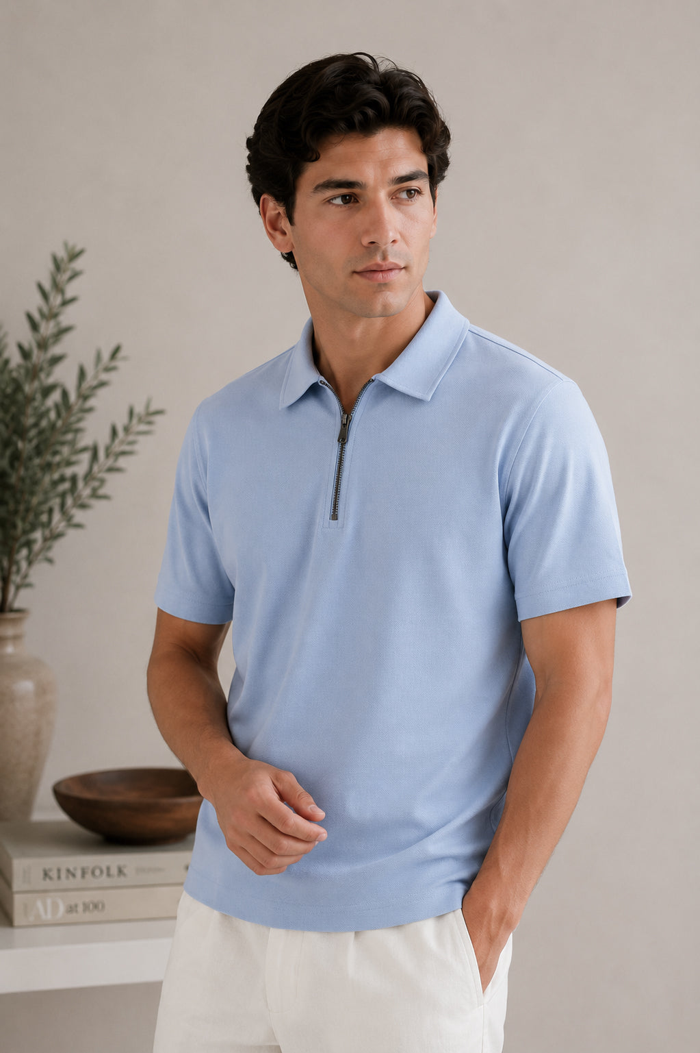 Sky Blue Basic Zipper Polo - Smart Fit- Men