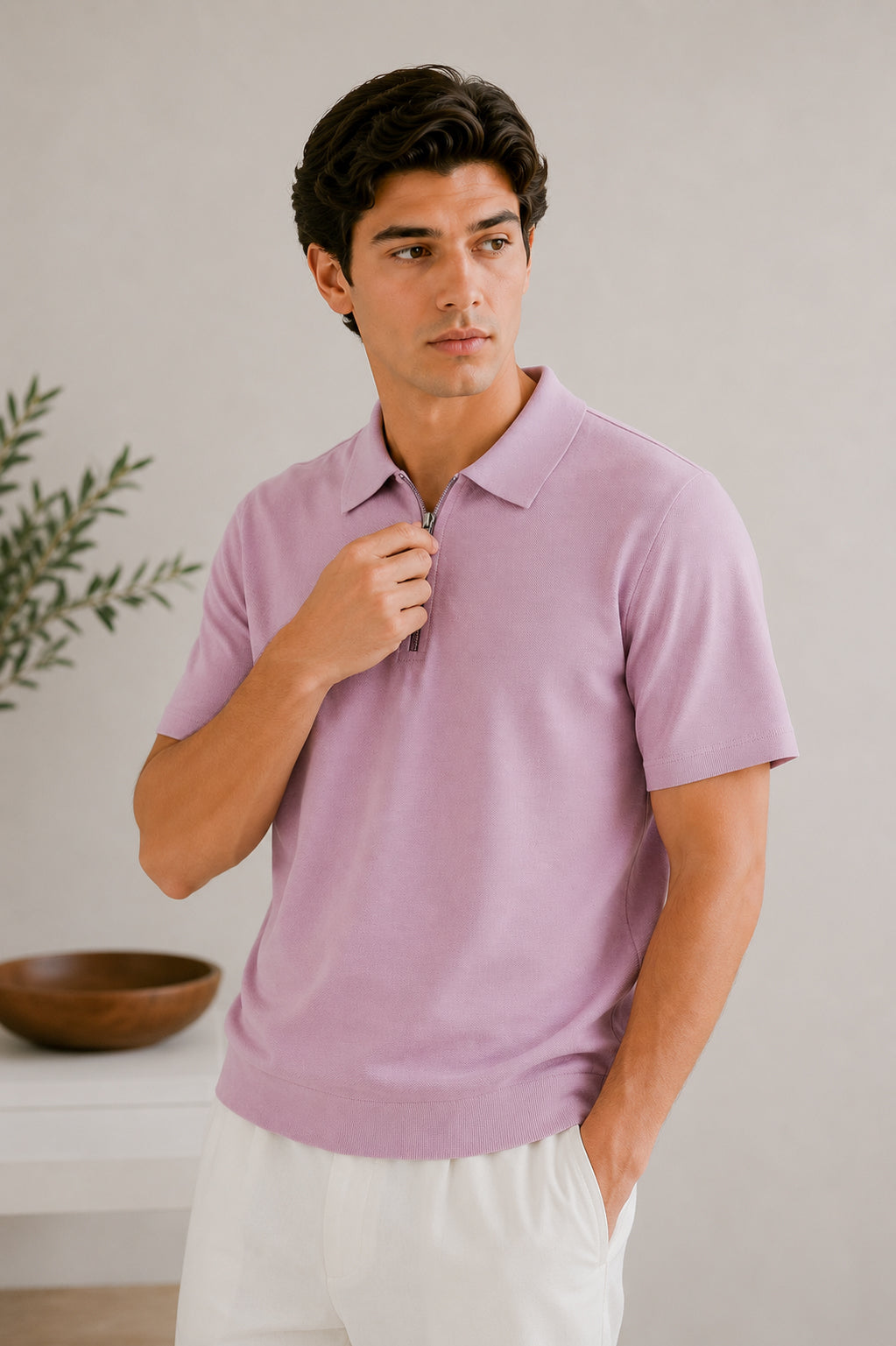 Light Pink Basic Zipper Polo - Smart Fit- Men - Men