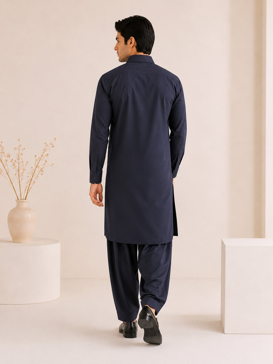 Navy Blue French Collar Kameez Shalwar - Men