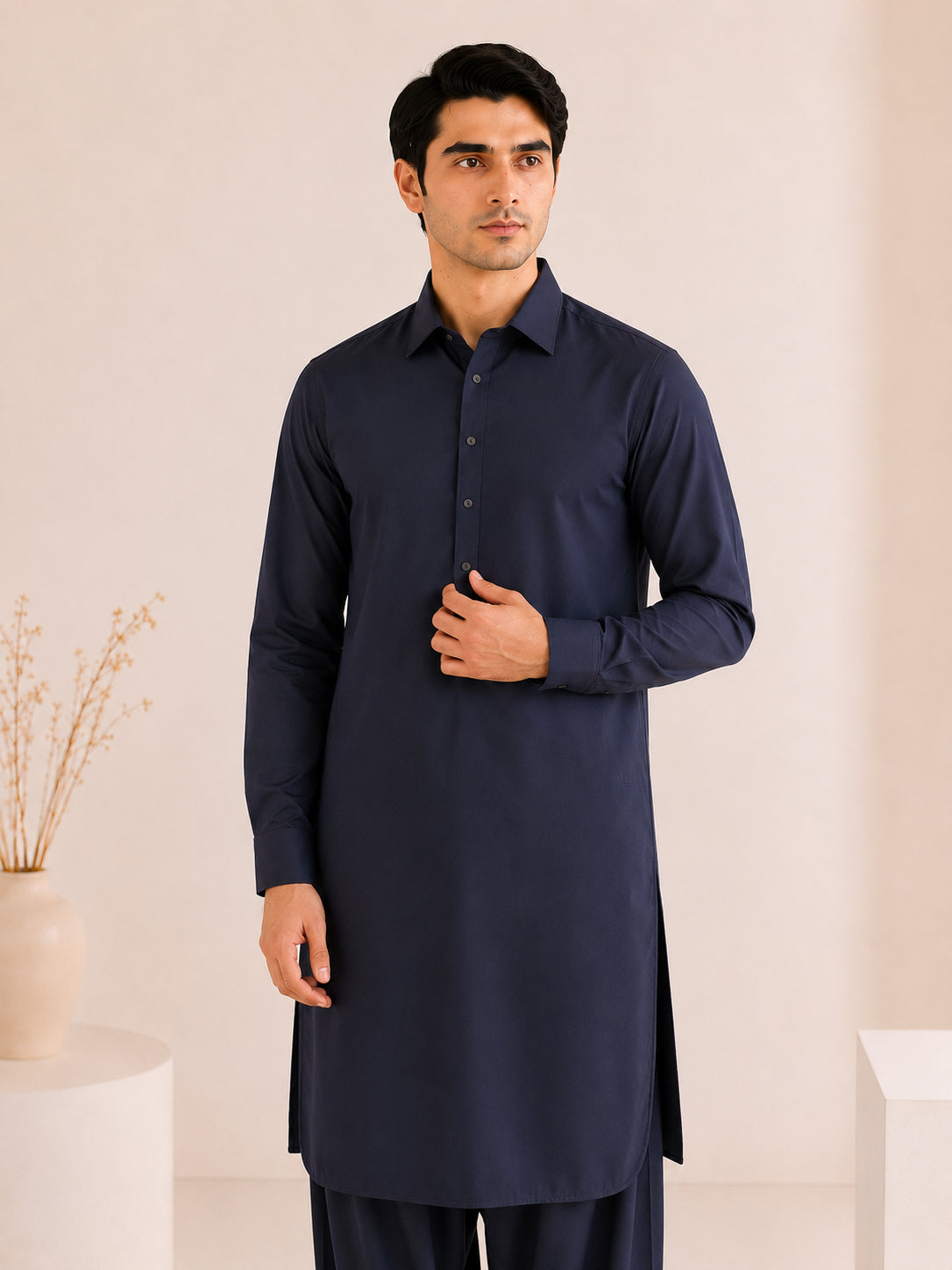 Navy Blue French Collar Kameez Shalwar - Men