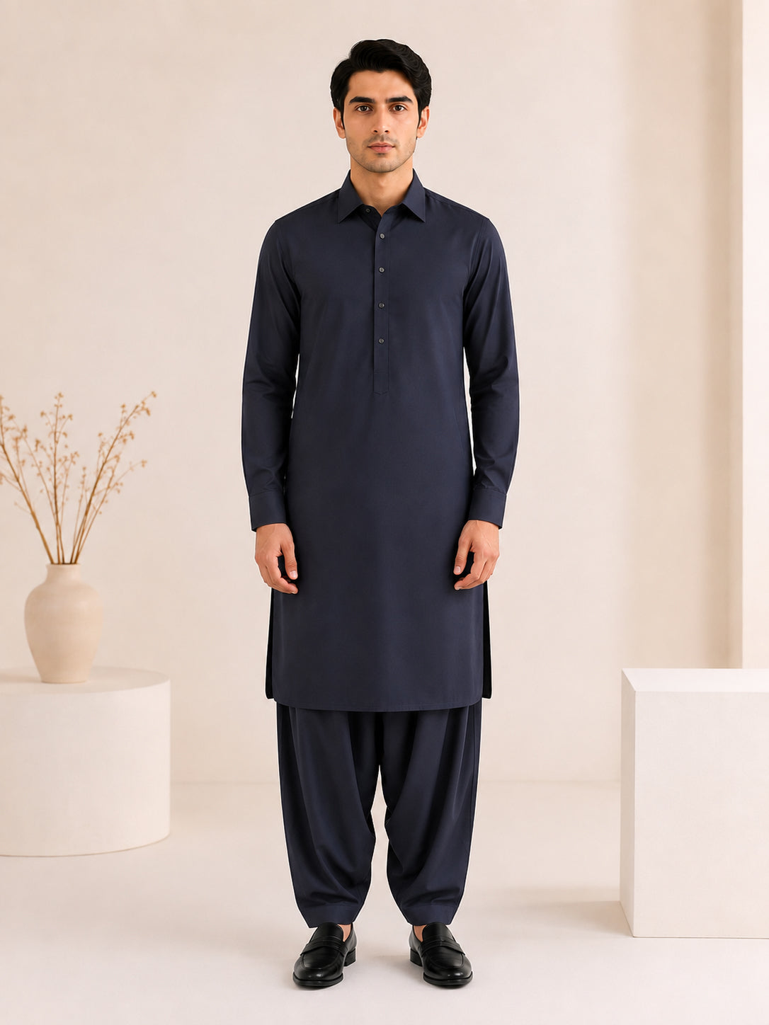 Navy Blue French Collar Kameez Shalwar - Men