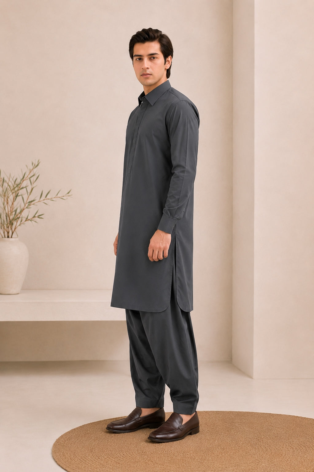 Charcoal Grey French Collar Kameez Shalwar - Men
