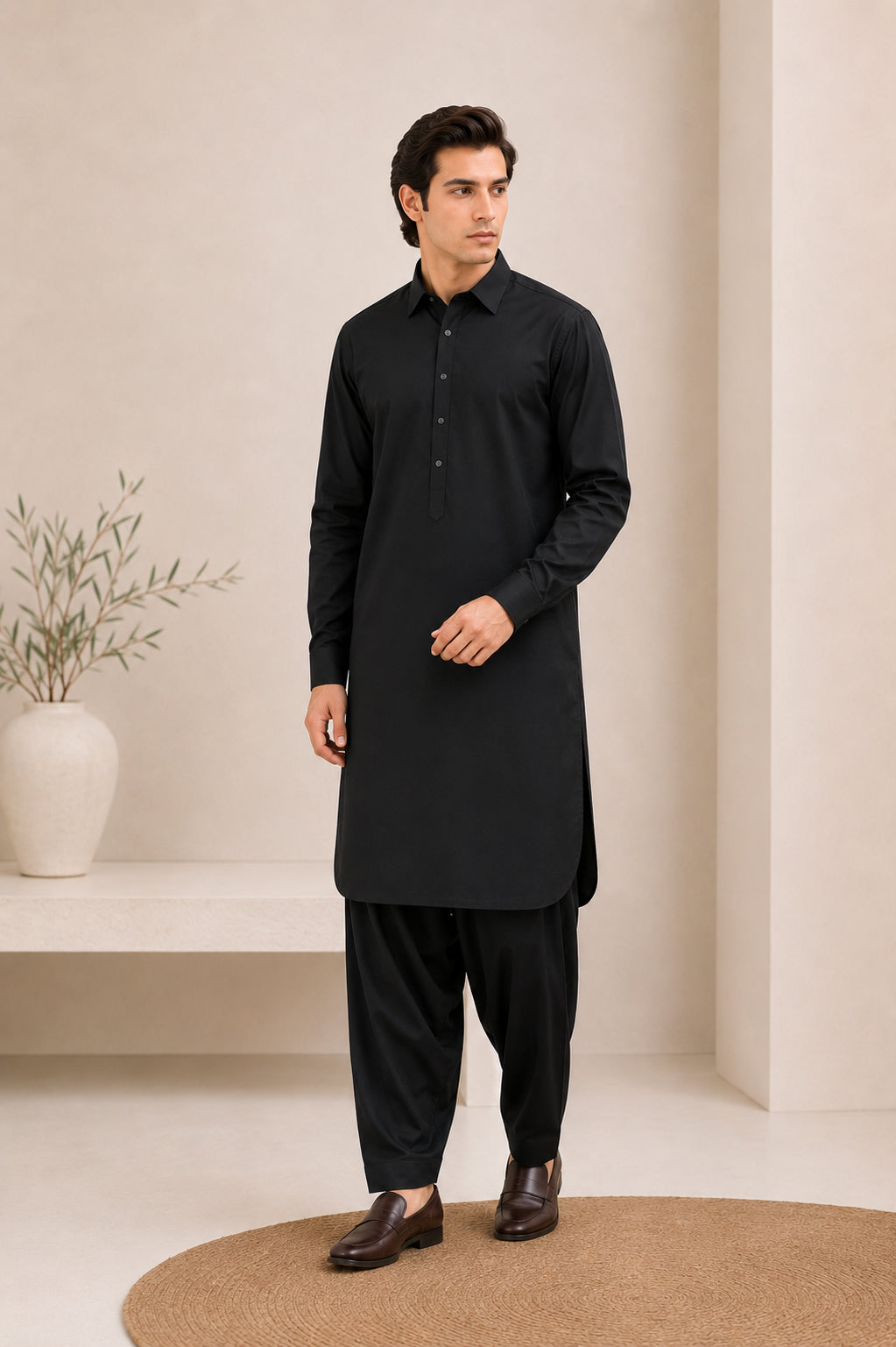 Black French Collar Kameez Shalwar - Men