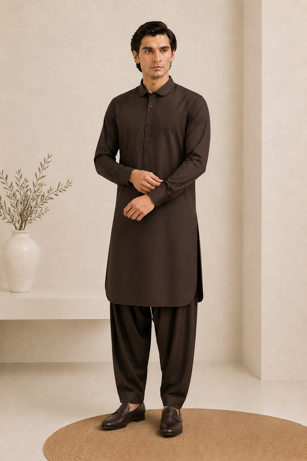 Dark Brown French Collar Kameez Shalwar - Men