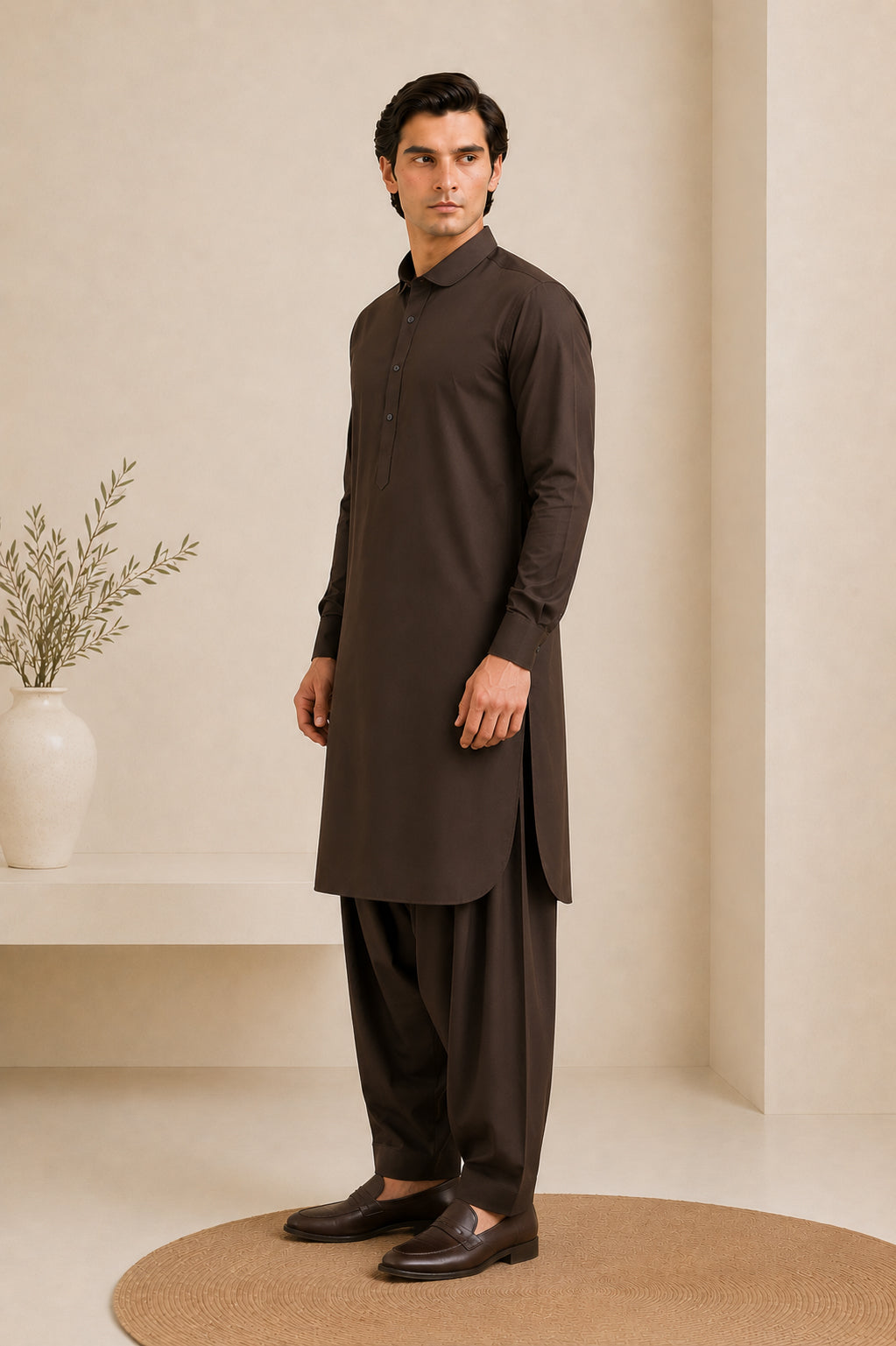 Dark Brown French Collar Kameez Shalwar - Men
