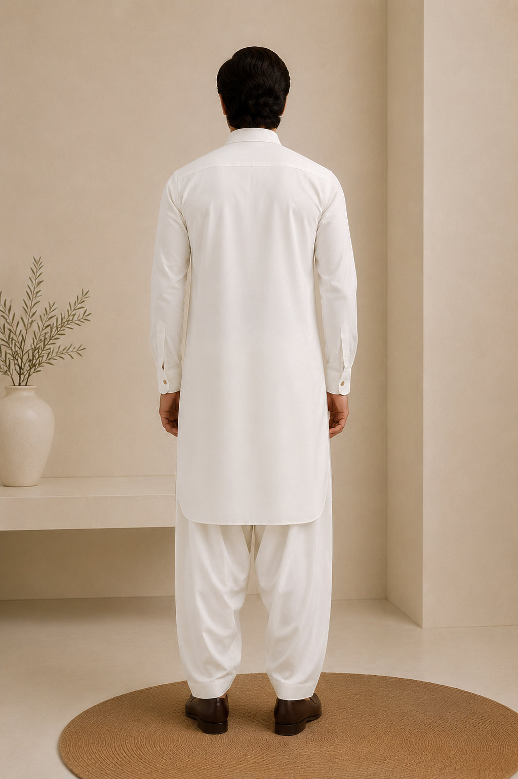 White Bosky French Collar Kameez Shalwar - Men