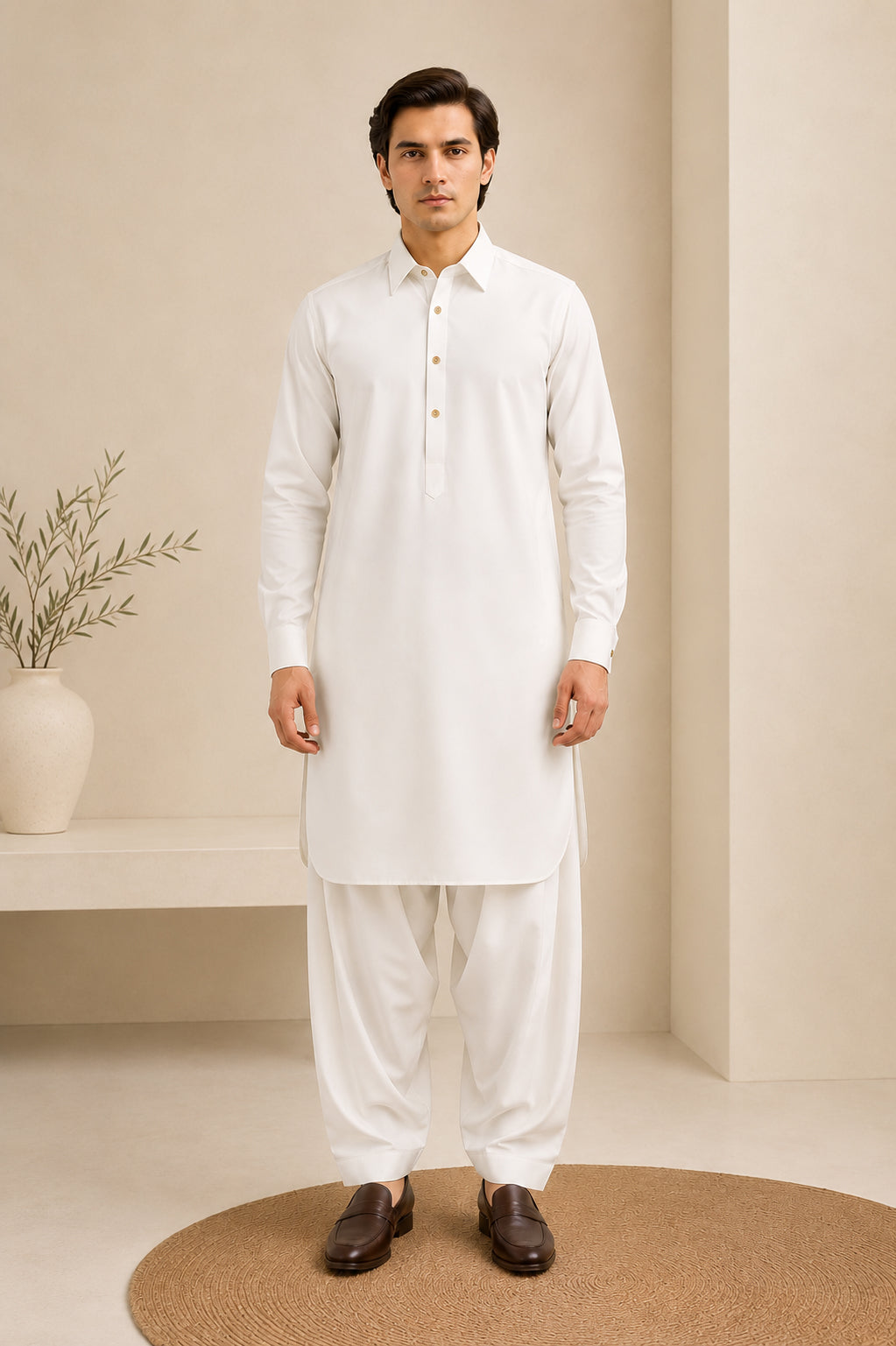 White Bosky French Collar Kameez Shalwar - Men