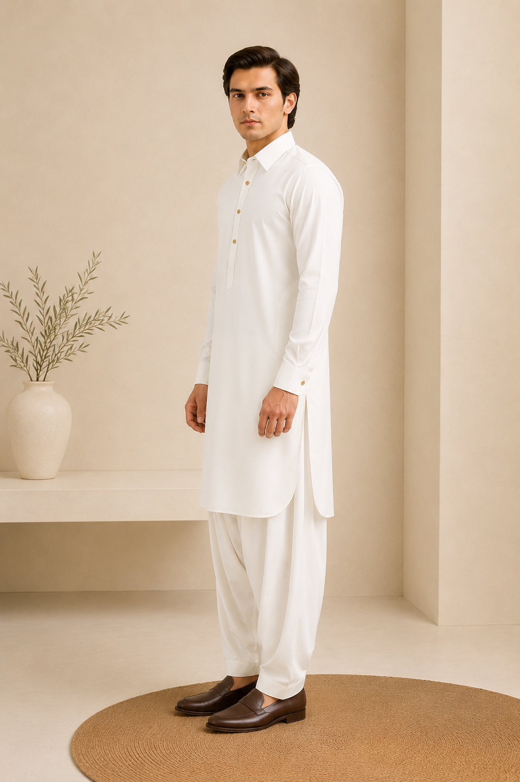 White Bosky French Collar Kameez Shalwar - Men