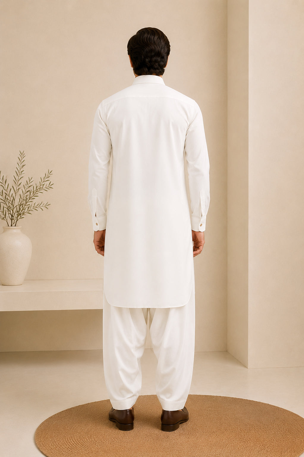 White Bosky French Collar Kameez Shalwar - Men
