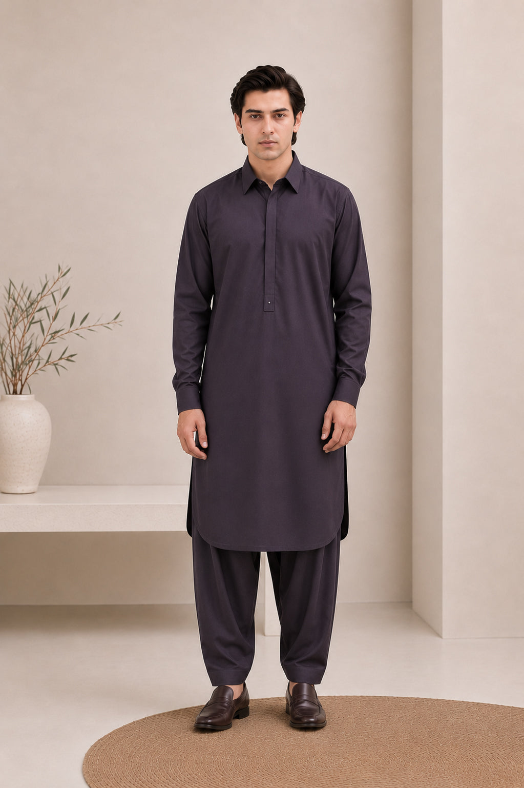 Deep Purple French Collar Kameez Shalwar - Men
