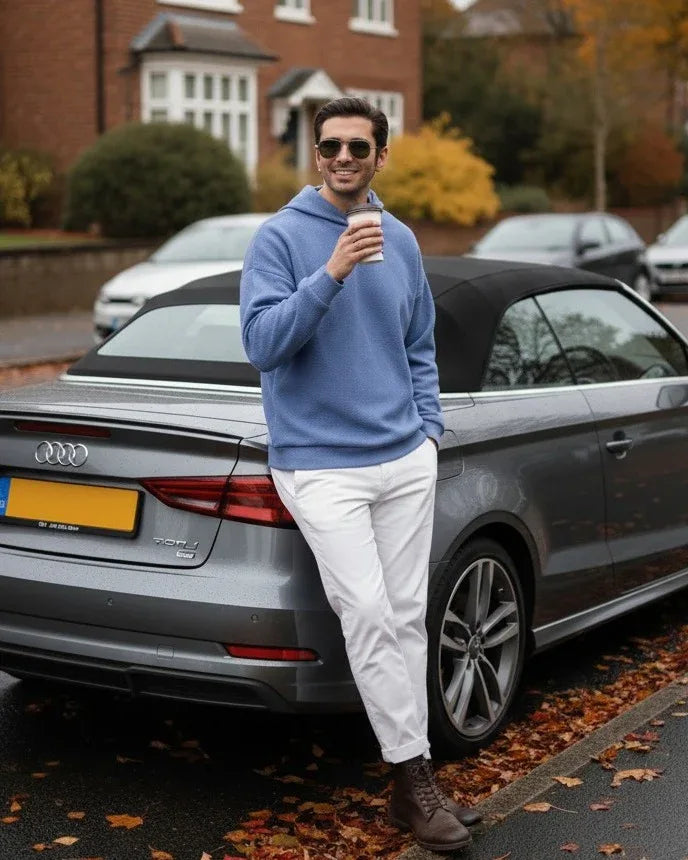 Sky Blue Waffle Pullover Hoodie - Relaxed Fit - Men - Muraqsh -- Men Western