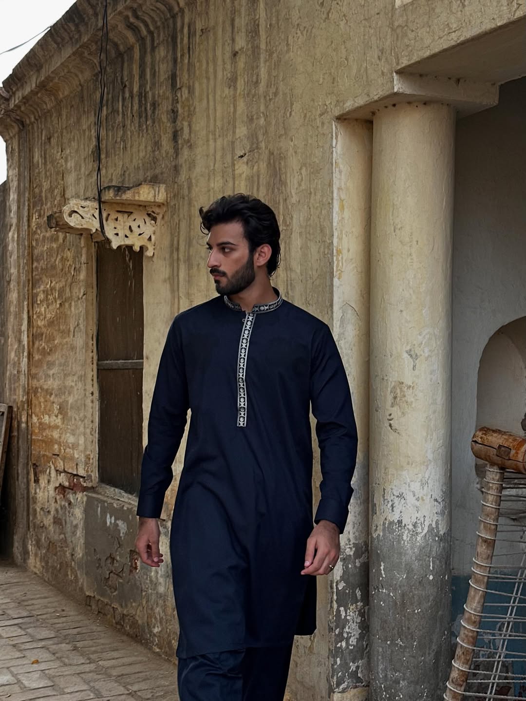 Formal Navy Blue Kurta Shalwar - Collar Neck Embroidered - Men