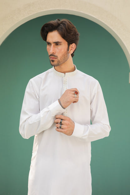 Off White Kameez Shalwar - Men - Collar Neck Embroidered