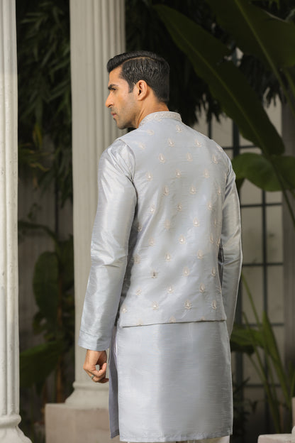 Bluish Grey Embroidered - Waistcoat Set - 3PC Designerwear