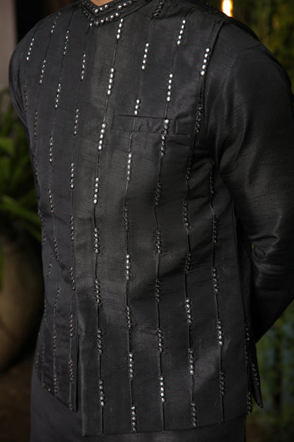 Black Falling Panni Embroidered - Waistcoat Set - 3PC Designerwear