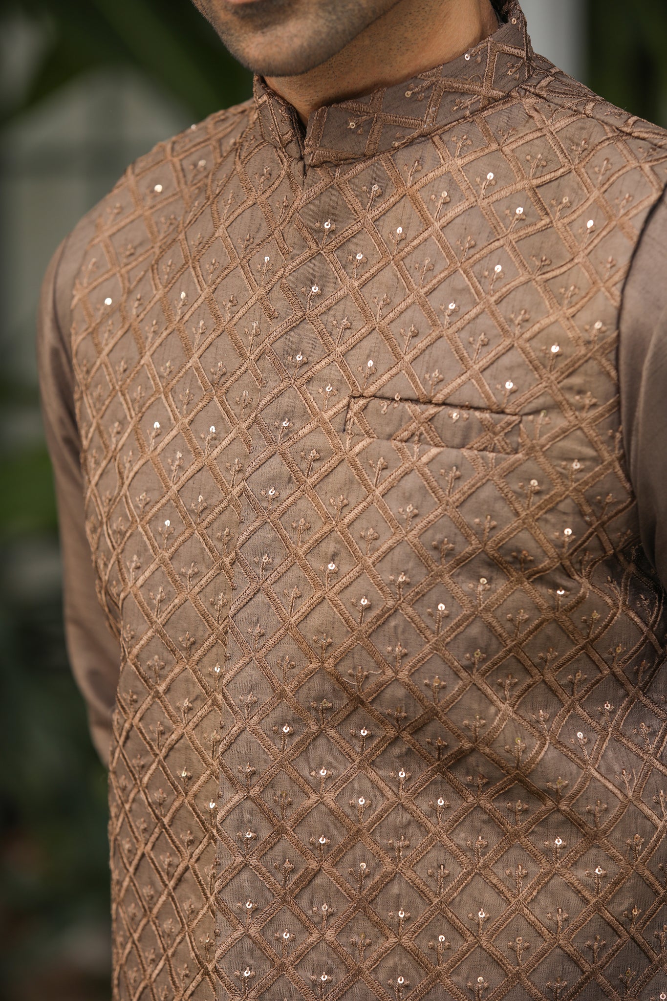 Sequin Brown Embroidered - Waistcoat Set - 3PC Designerwear