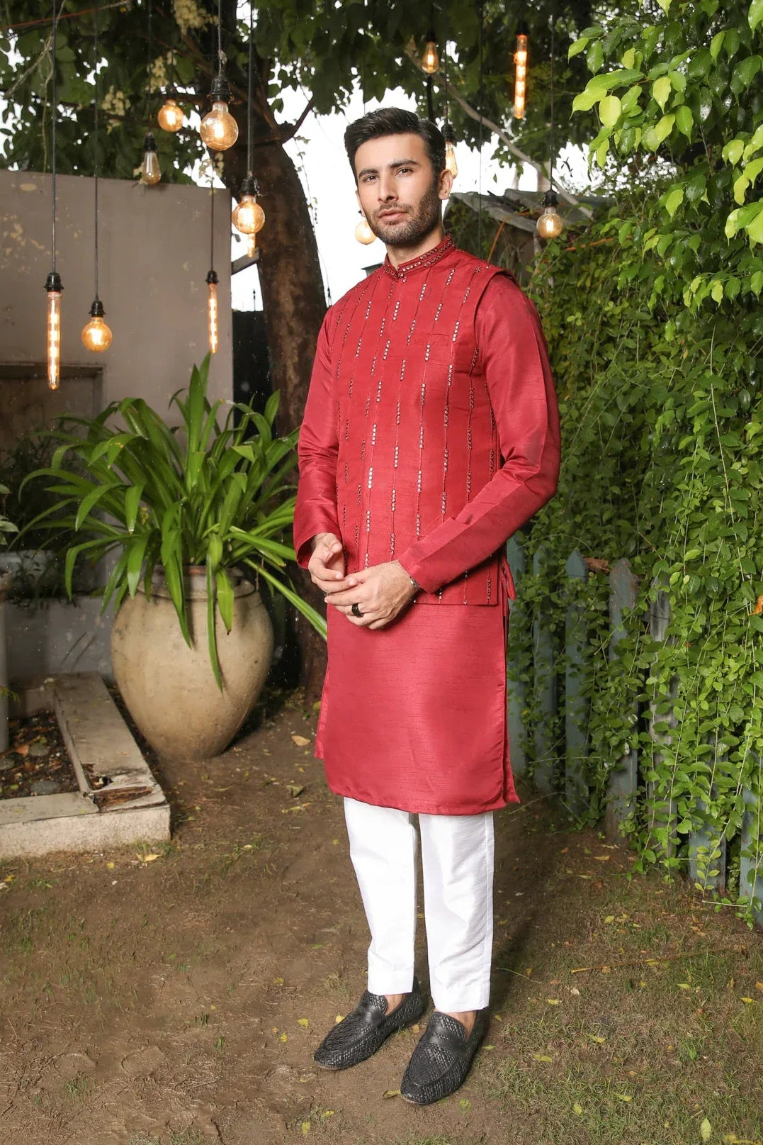 Maroon Panni Embroidered - Waistcoat Set - 3PC Designerwear