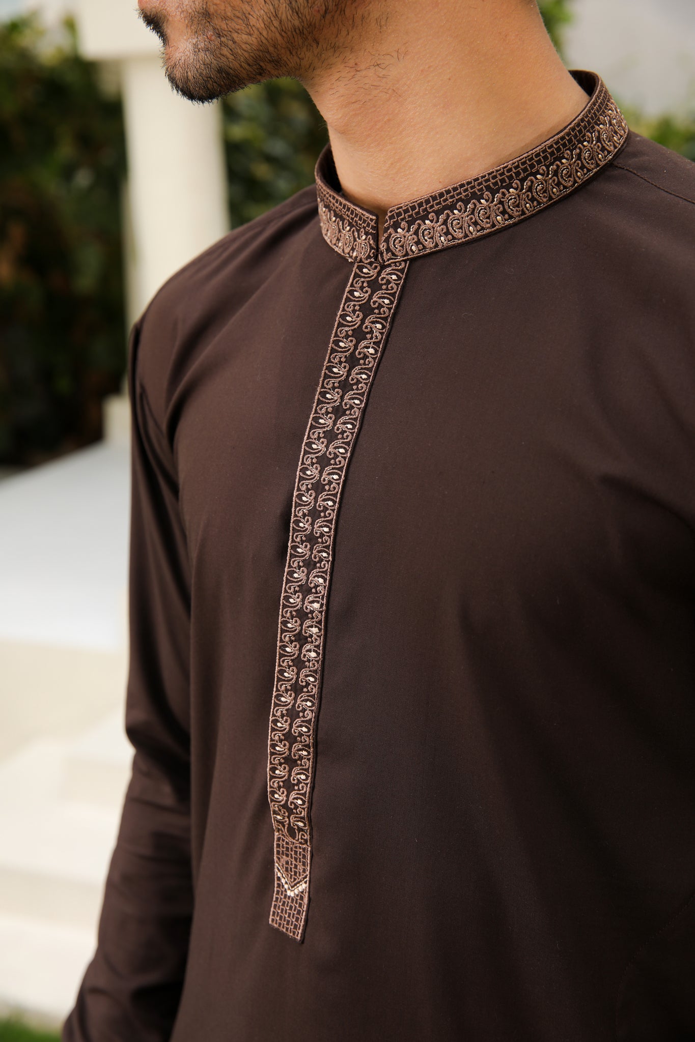 Mocha Brown Kameez Shalwar - Men - Collar Neck Embroidered