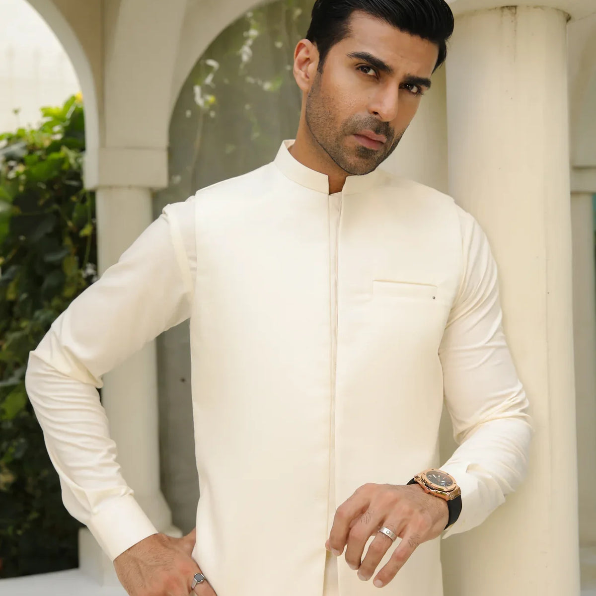 Bosky White Shalwar Kameez with Waistcoat Worldwide Shipping