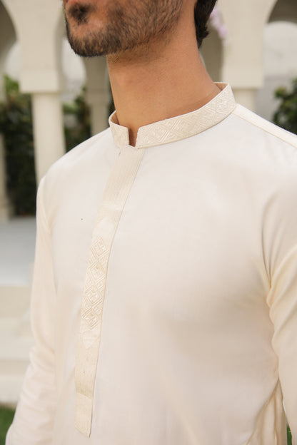 Bosky White Kurta Trouser - Men - Collar Neck Embroidered