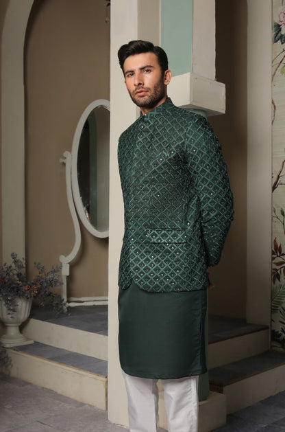Dark Green Embroidered Princecoat Set - 3PC Desginerwear