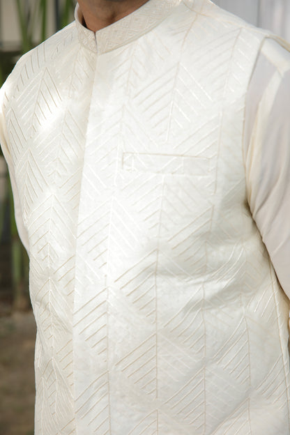 Bosky White Embroidered - Waistcoat Set - 3PC Designerwear