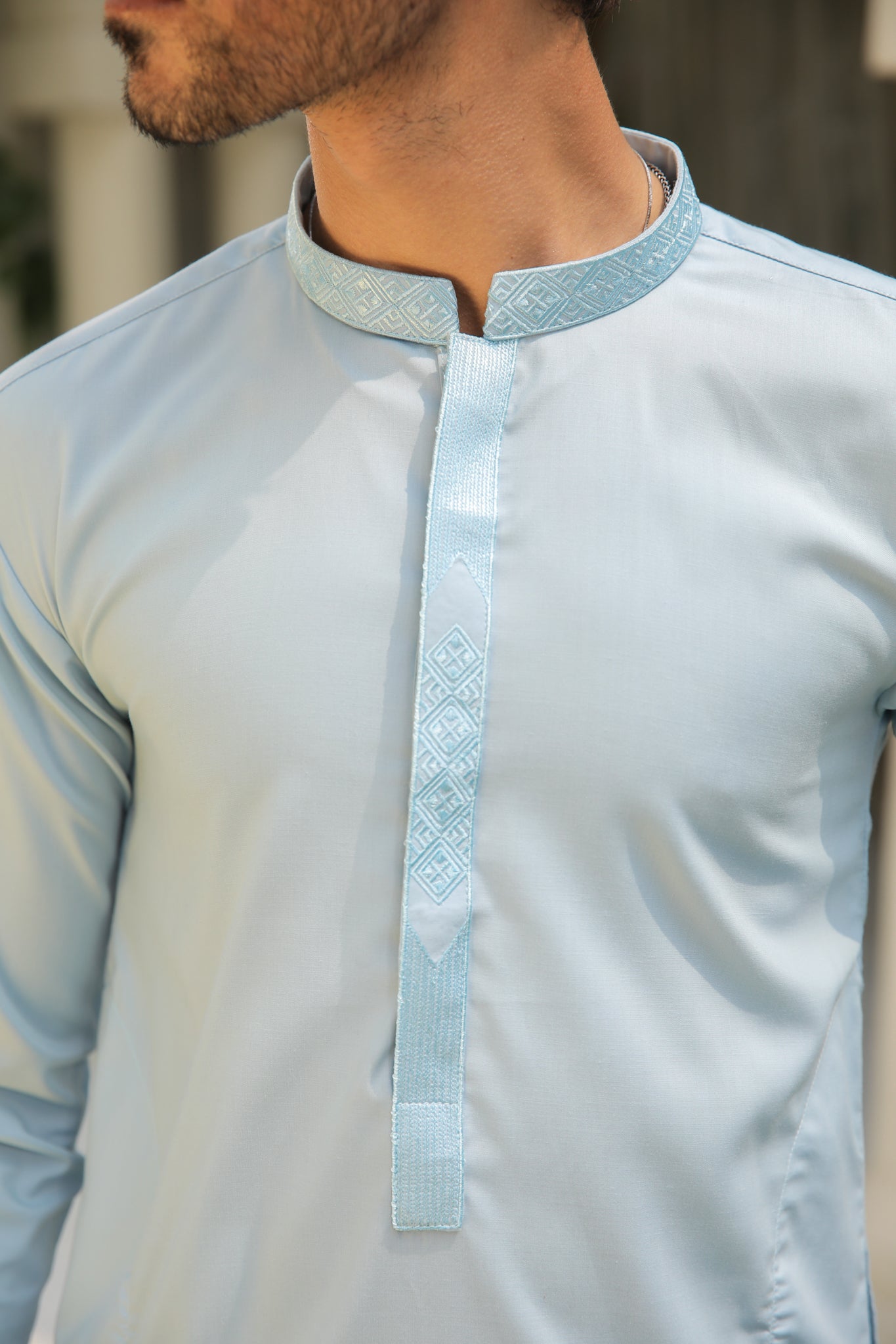 Sky Blue Kurta Trouser - Men - Collar Neck Embroidered