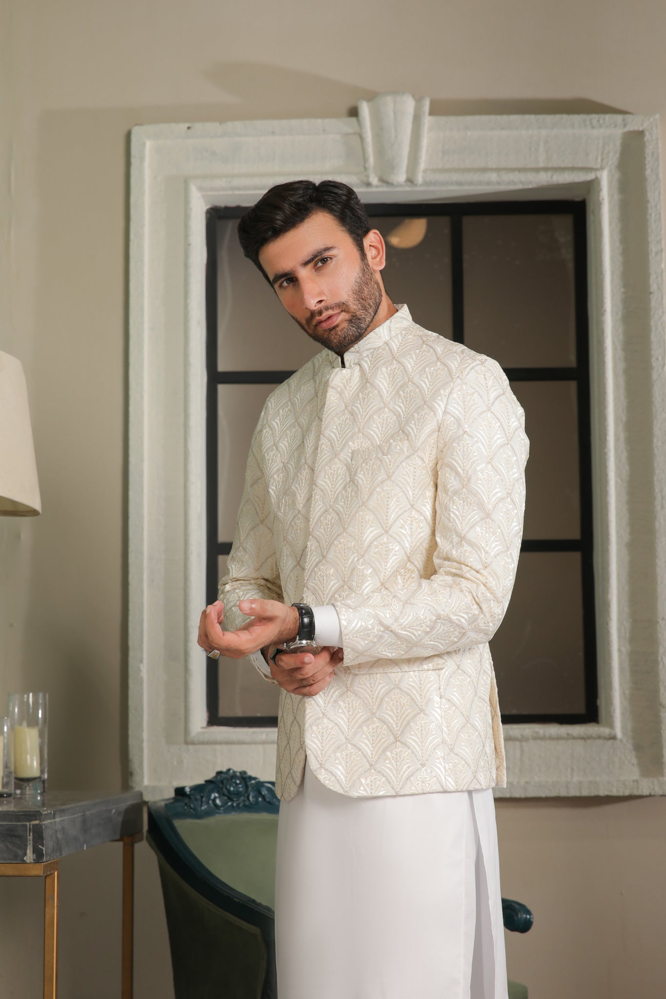 Off White Sequin Embroidered - Princecoat Set - 3PC Designerwear