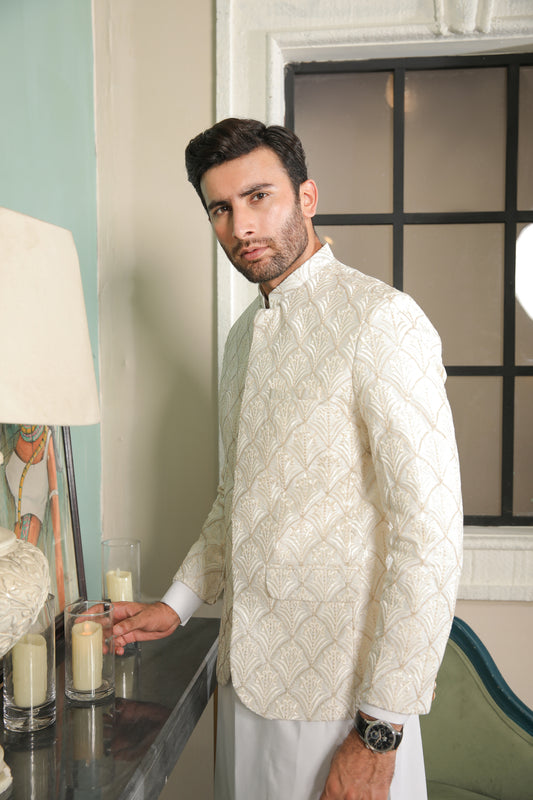 Off White Sequin Embroidered - Princecoat Set - 3PC Designerwear