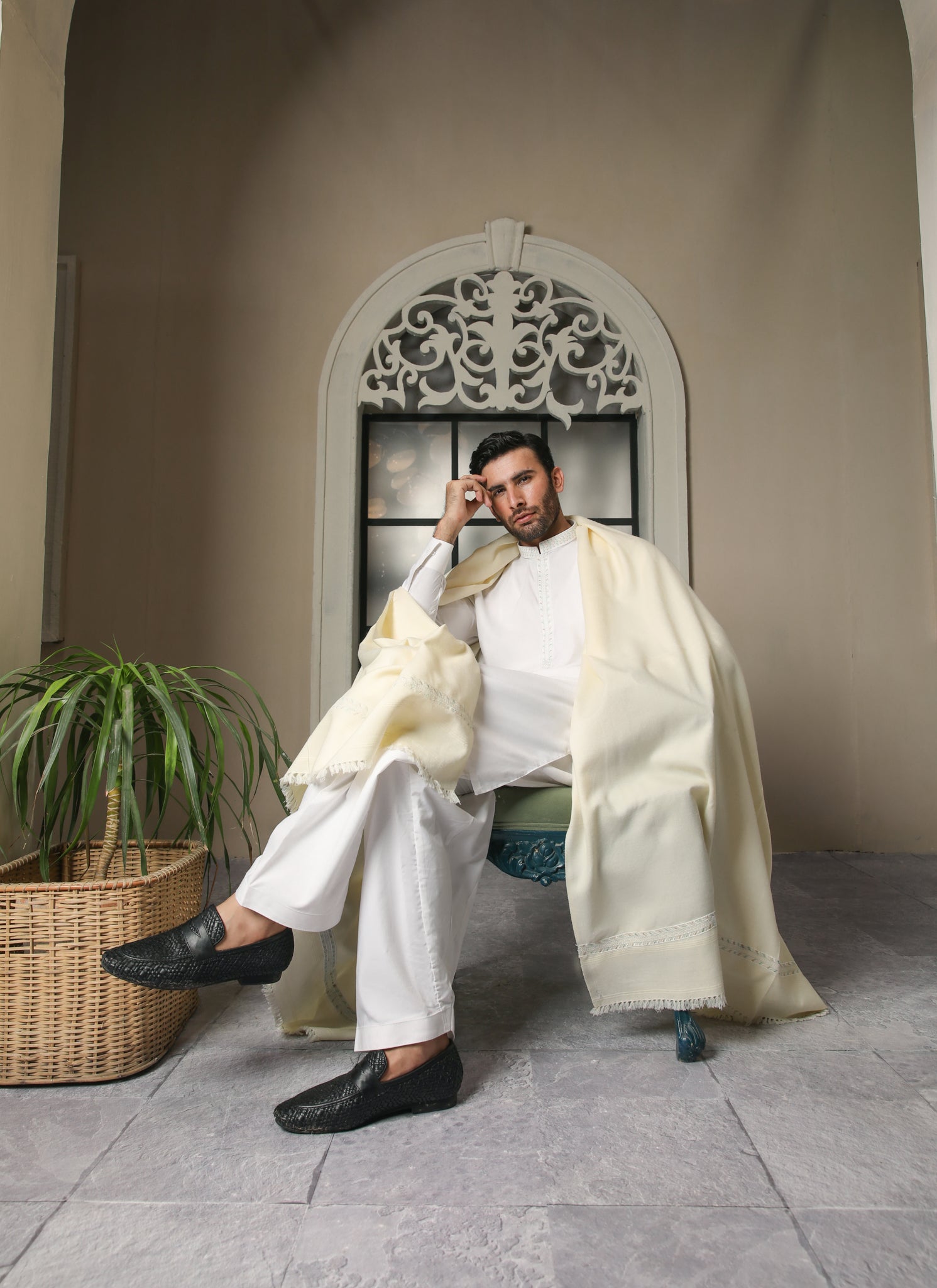 Bosky Wool Shawl with Off White Kameez Shalwar - Men
