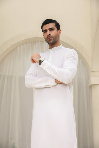 Off White Kameez Shalwar - Men - Collar Neck Embroidered