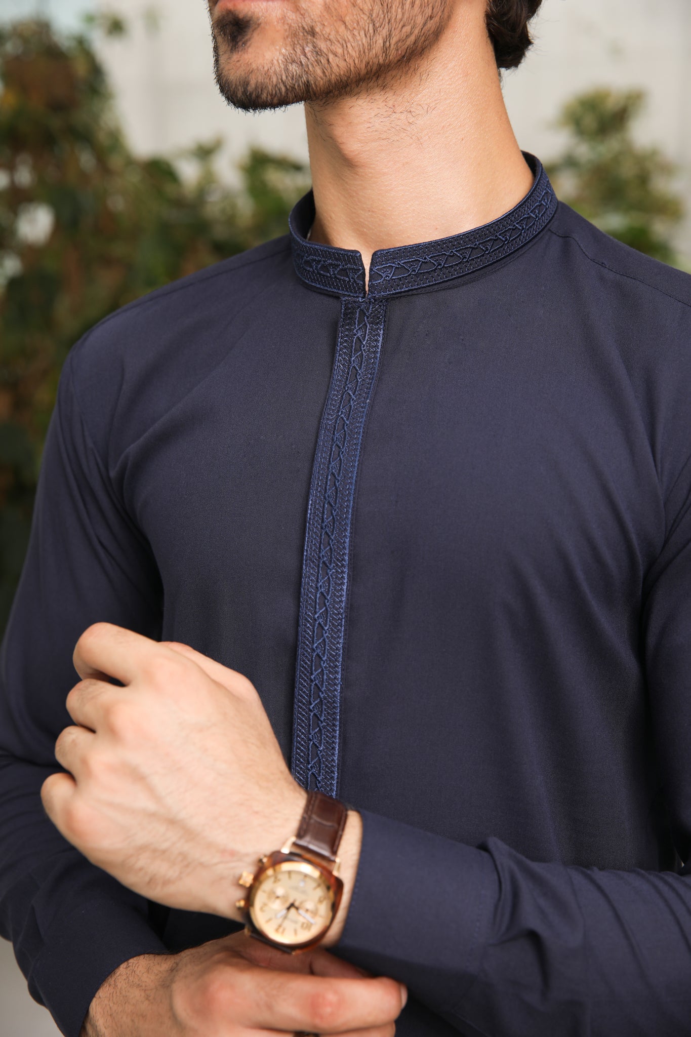 Navy Blue Kameez Shalwar - Men - Collar Neck Embroidered