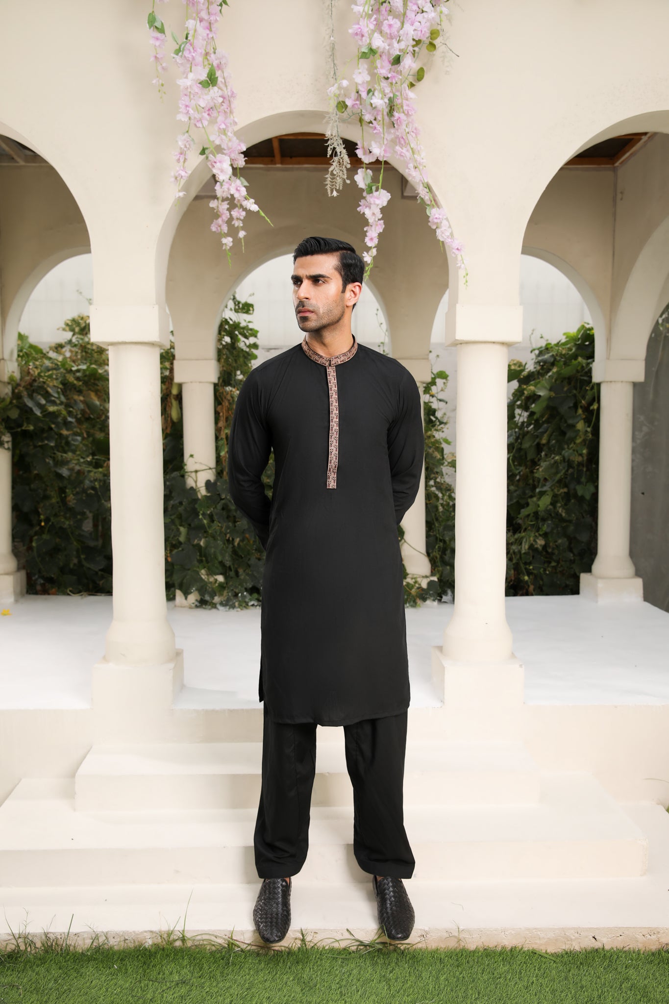 Midnight Black Kameez Shalwar - Men - Collar Neck Embroidered