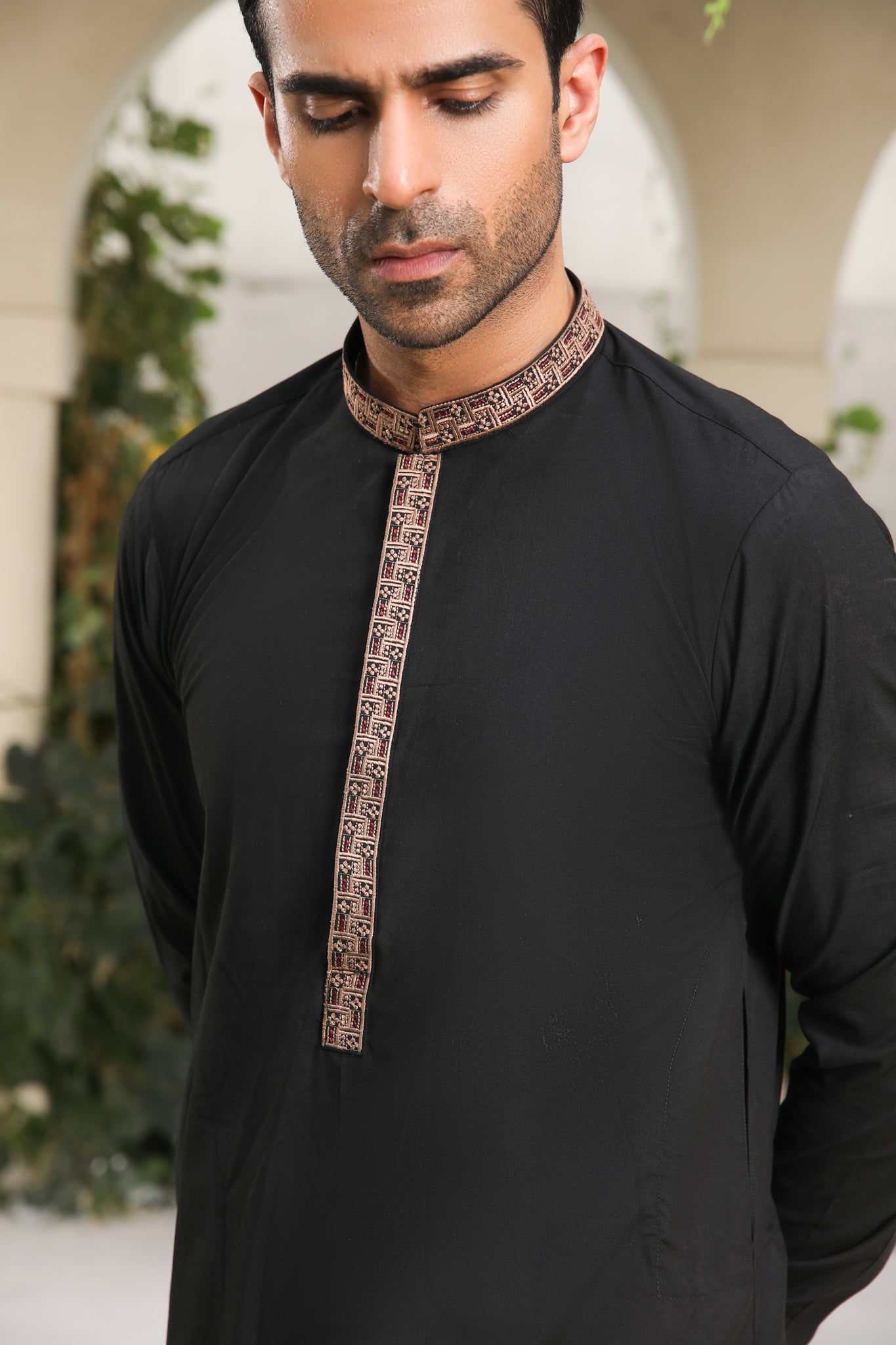 Midnight Black Kameez Shalwar - Men - Collar Neck Embroidered