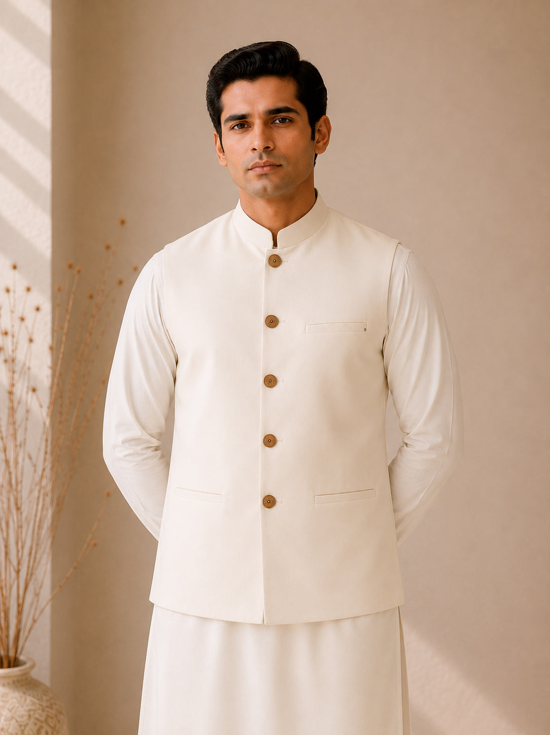 Bosky White Kurta Shalwar with Suiting Waistcoat - Straight Cut - Men