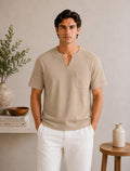Beige V-neck Henley - Men