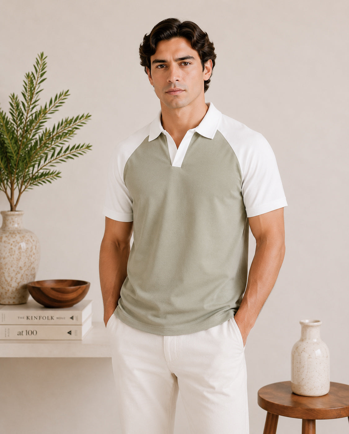Mint and White Contrast Raglan Polo - Men