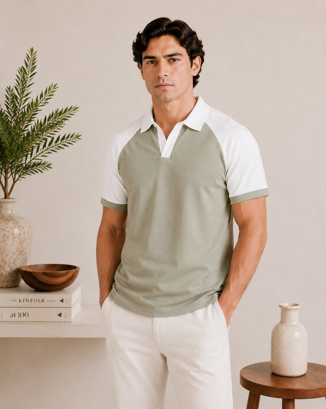 Mint and White Contrast Raglan Polo - Men