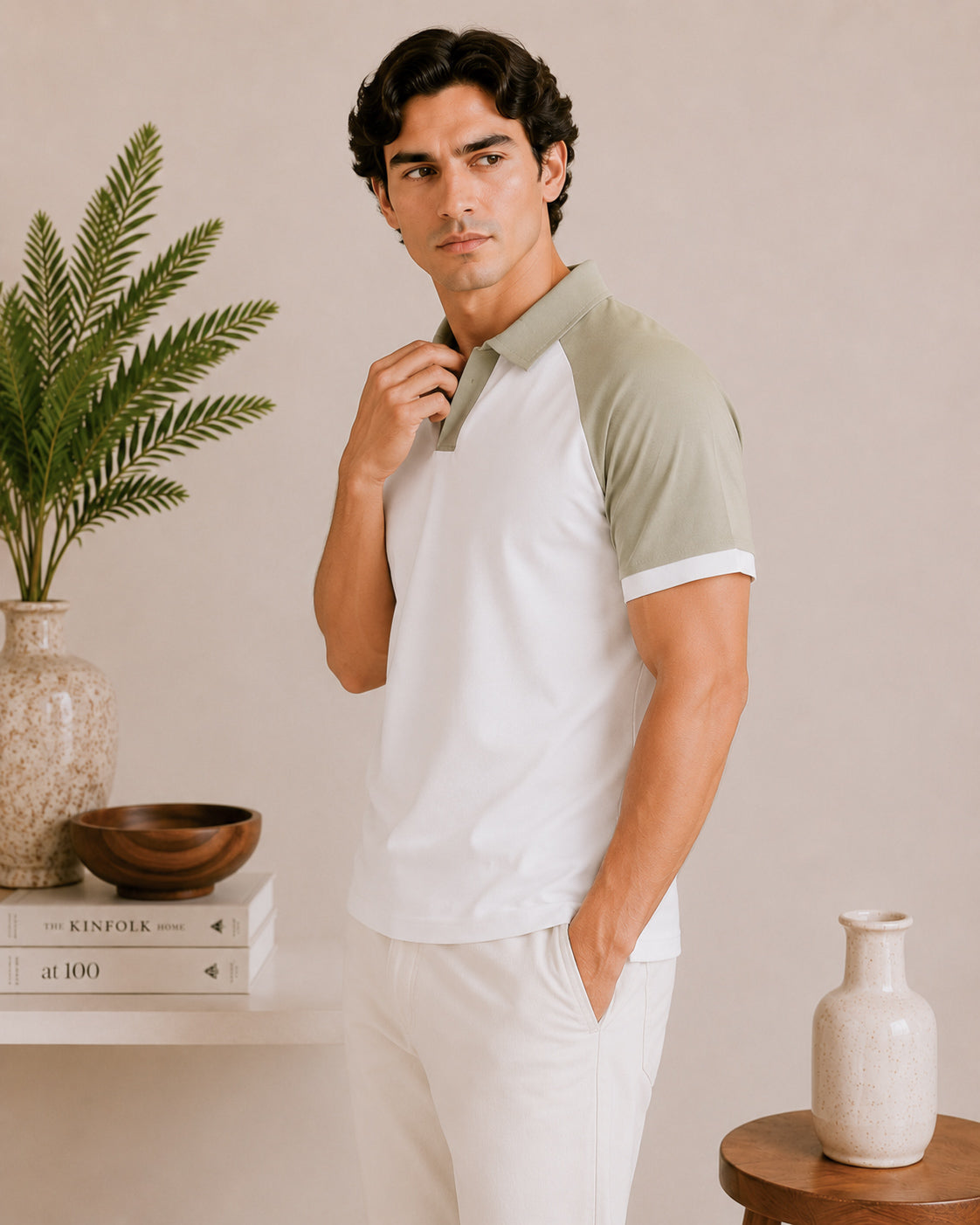 White and Mint Contrast Raglan Polo - Men