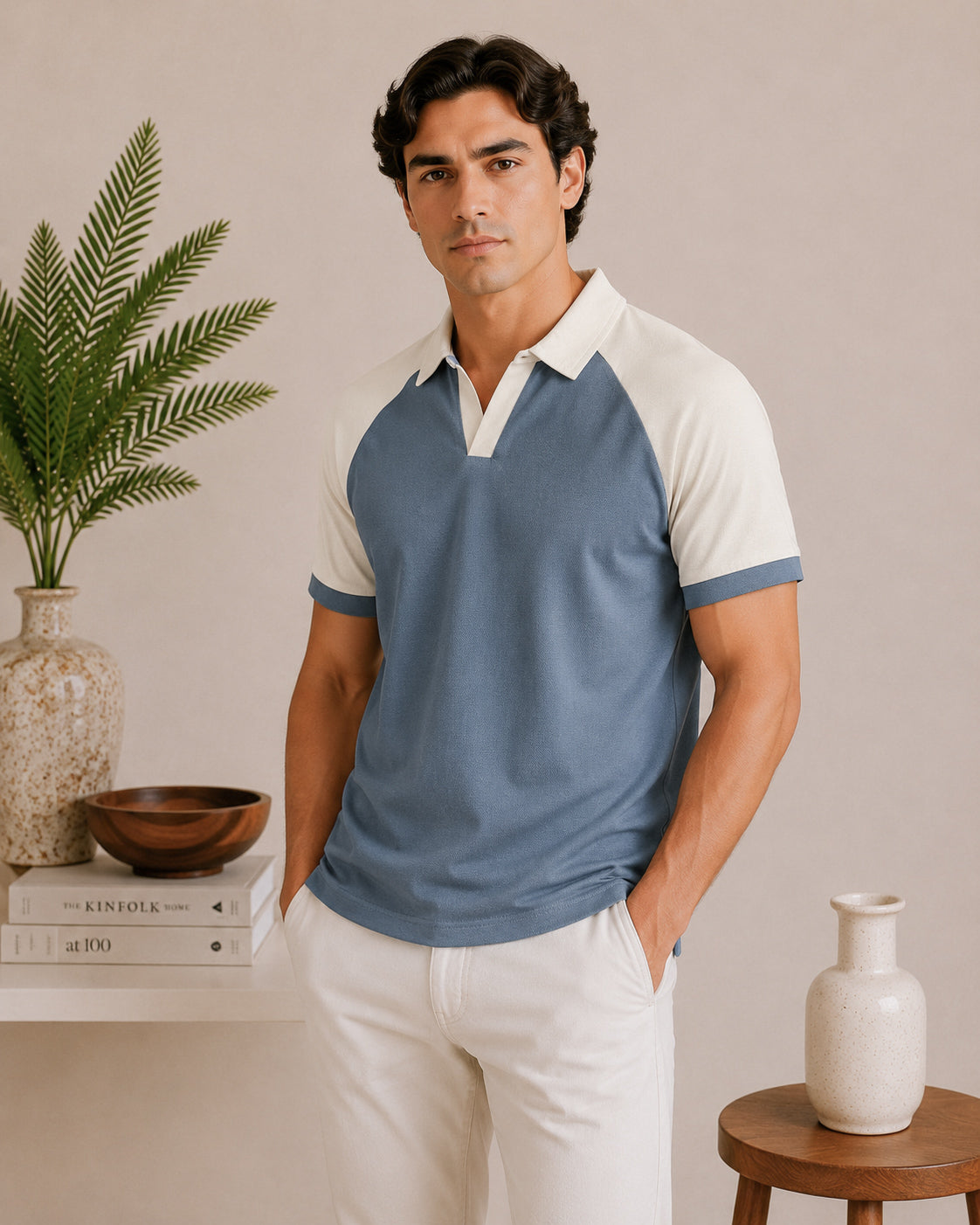 Sky Blue and White Contrast Raglan Polo - Men