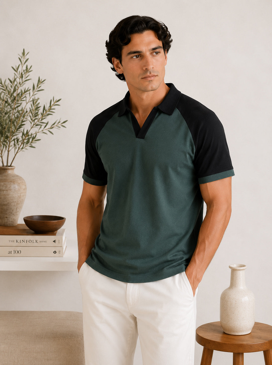 Green & Black Contrast Raglan Polo - Men