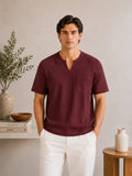 Maroon V-neck Henley - Men
