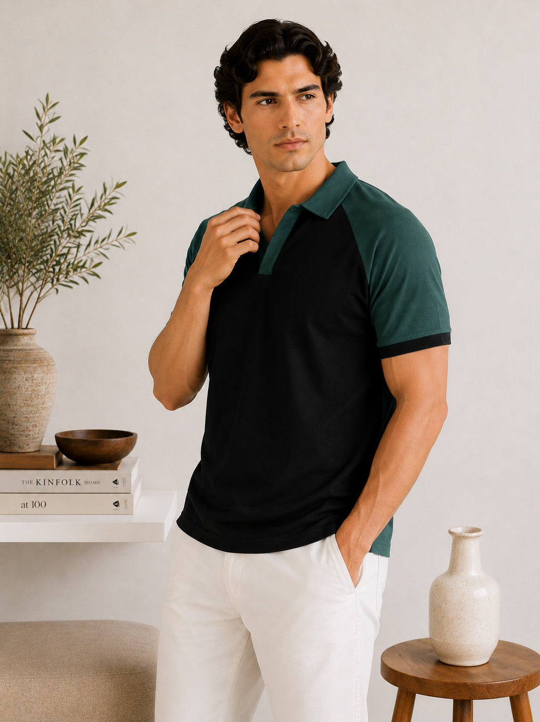 Black & Green Contrast Raglan Polo - Men