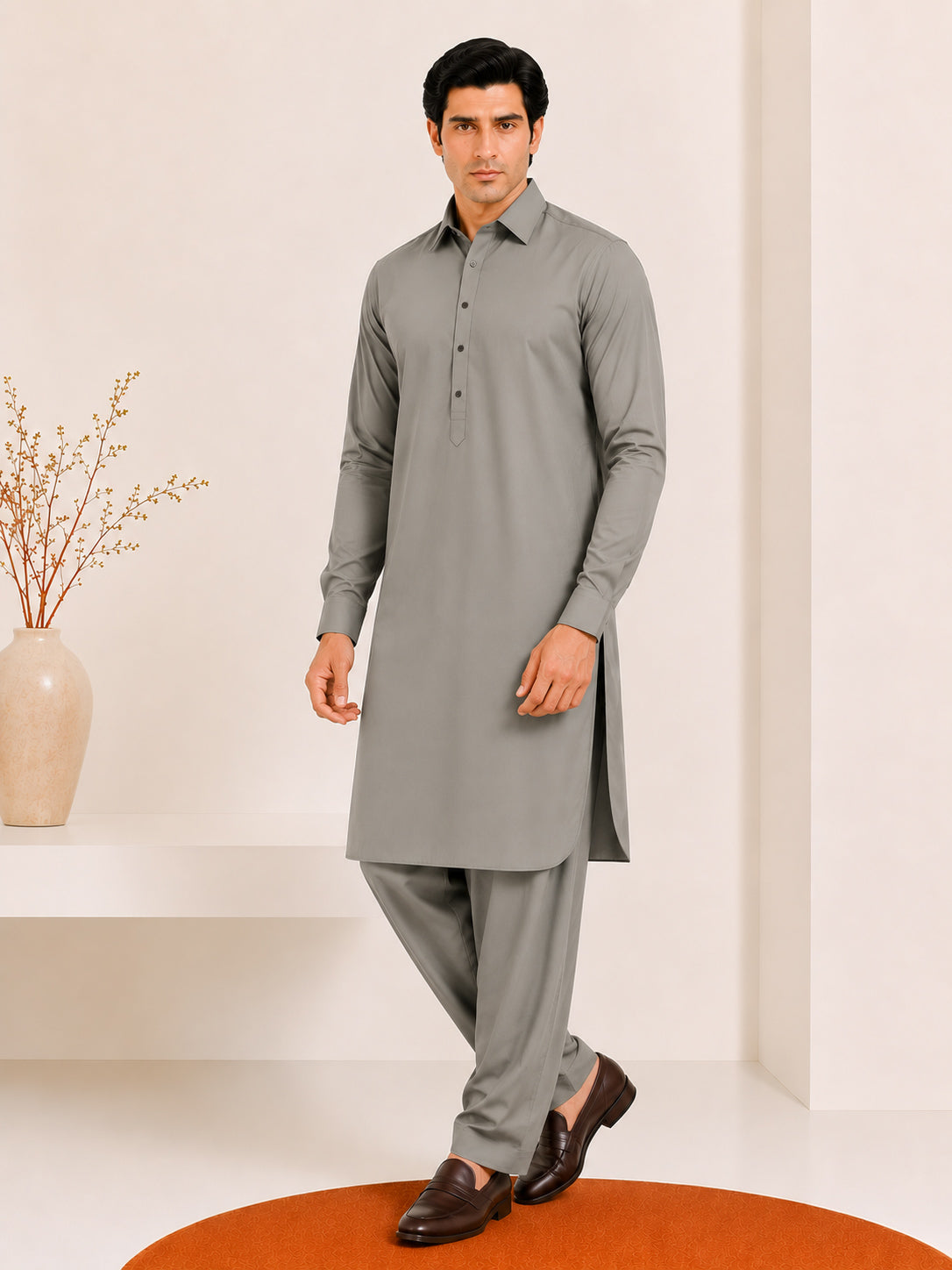 Sand Grey French Collar Kameez Shalwar - Men