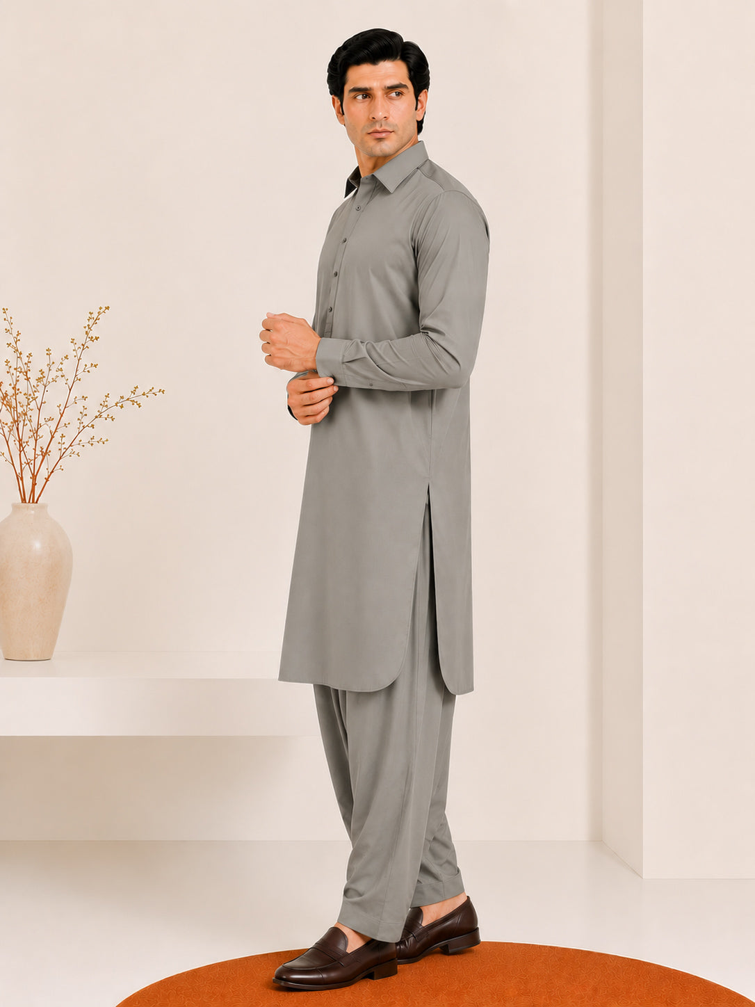 Sand Grey French Collar Kameez Shalwar - Men - Men