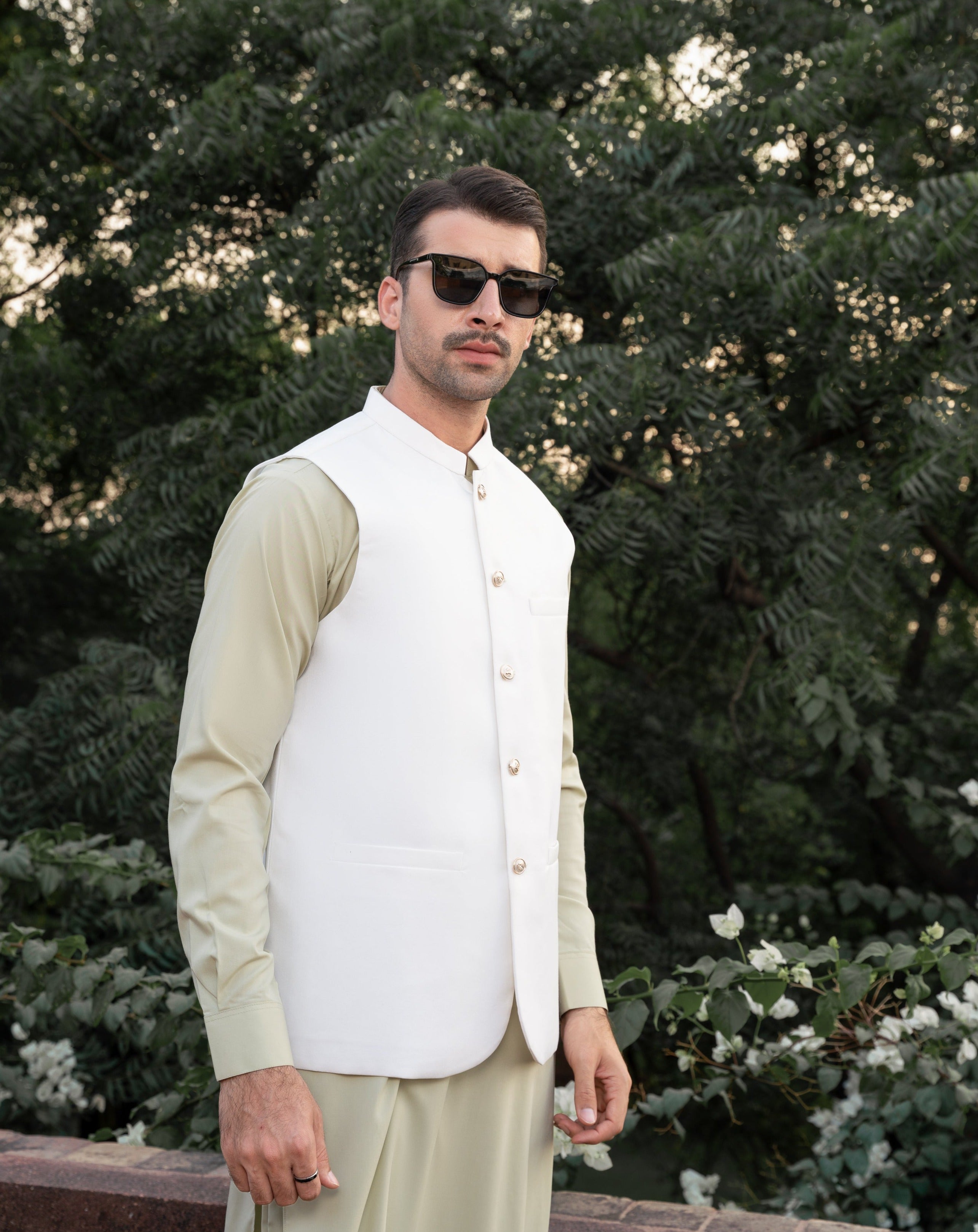 Off White Waistcoat with Green Kurta Trouser for Men