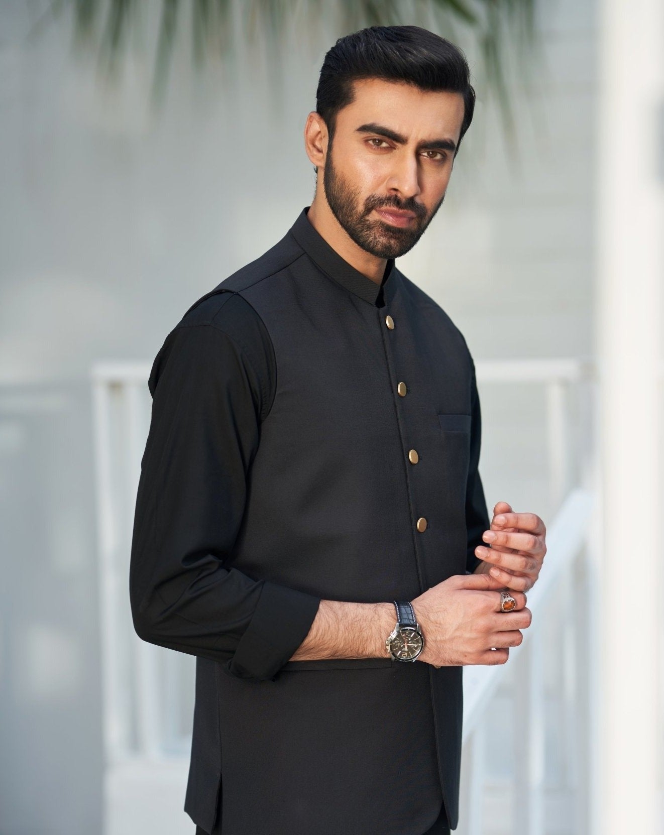 Black Shalwar Kameez with Waistcoat Worldwide Shipping Muraqsh